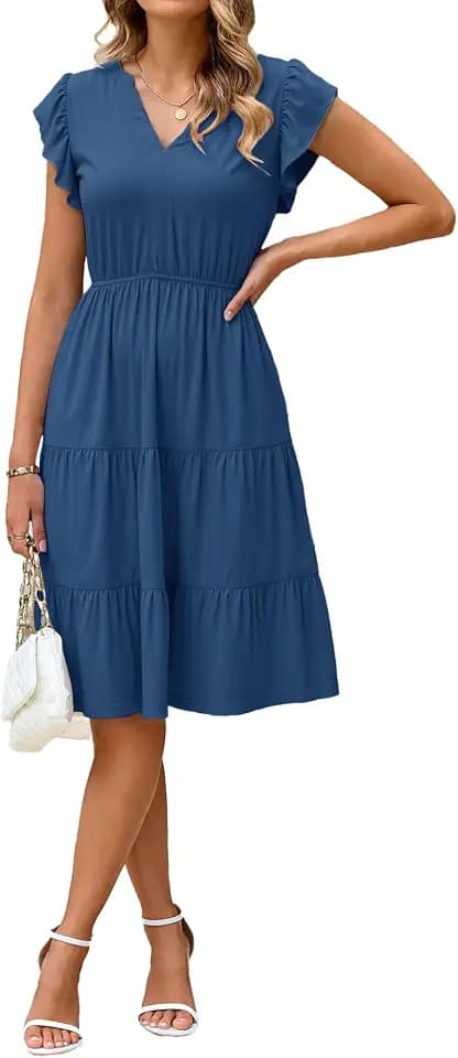 Glamaker Floral Tiered Midi Sundress Casual Summer V Neck Flutter Sleeve Striped Sun Dress with Pockets
