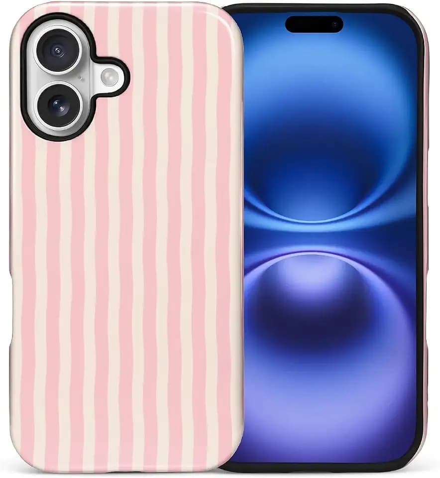 for iPhone 17 Case, Pink Stripes Hybrid 2 Layer Hard Shell Silicone Protective Pattern Design Case