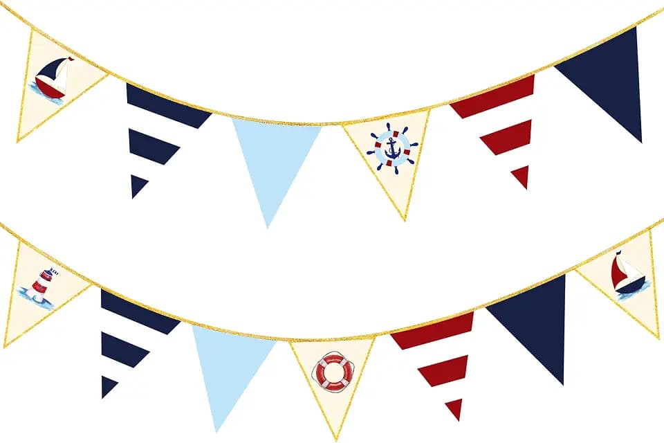 Navy Red Beige Gold Glitter Stamping Paper Pennant Banner Flag Triangle Bunting for Nautical Pirate Ahoy Achor Theme Birthday Wedding Let's Get Nauti Bachelorette Party Decorations Supplies