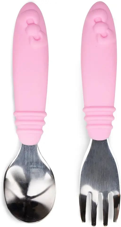 Bumkins Toddler Utensils, Kids Size Fork and Spoon Set, Silicone and Stainless-Steel Training Silverware, Angled Fork / Spork for Self-Feeding, Children Learning to Eat, 18 Mos Up, Hello Kitty Pink