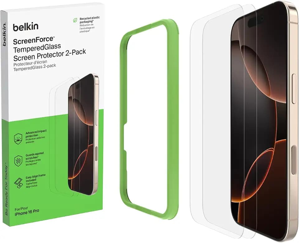 Belkin ScreenForce TemperedGlass Treated Screen Protector for iPhone 16 Pro - Slim & Scratch-Resistant Impact Protection with Easy Align Tray for Bubble Free Application, Recycled Glass - 2 Pack