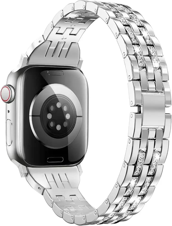 MoKo Metall Armband Kompatibel mit Apple Watch Series 11/10 42mm, 9/8/7 41mm, SE3/SE2/SE/6/5/4 40mm, 3/2/1 38mm, Bling Diamond Dressy Schmuck Metallarmband Dünnes Uhrenarmbänder für Frauen, Silber