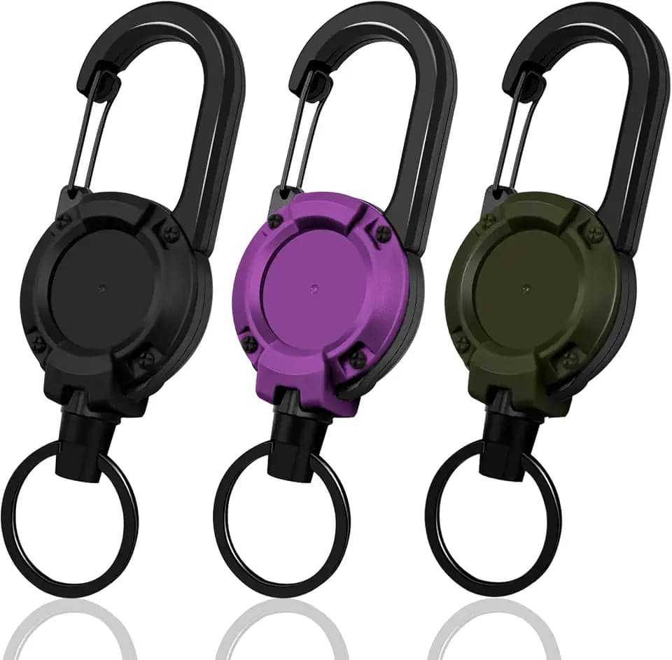 Retractable Keychain 3 Pack, Heavy Duty ID Badge Holder Reel, Multitool Carabine Key Holder for Keychain, Badge Holder with 25.6" Steel Retractable Cord Key Ring Clip, 8.8 oz (Black+Dark Green+Purple)