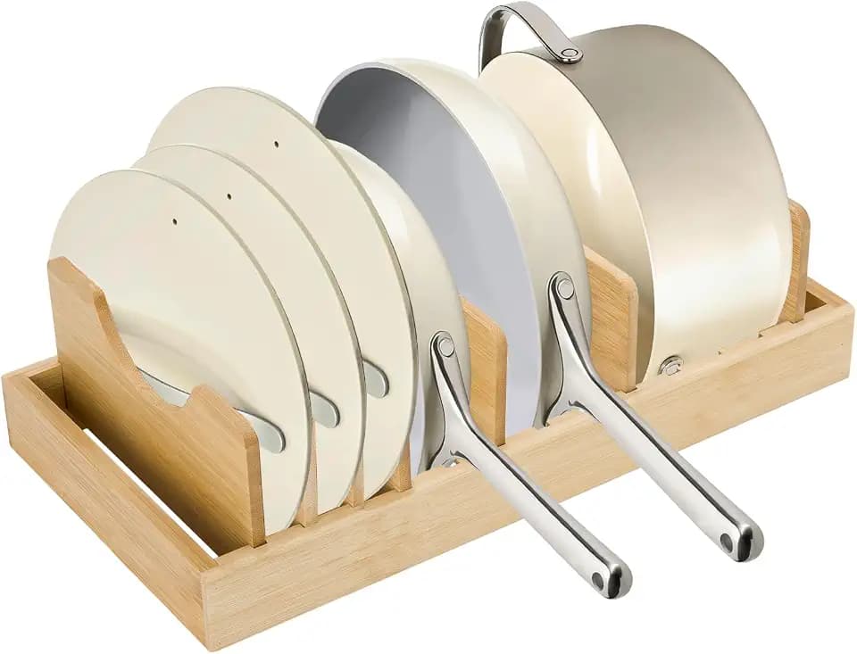 Pan Organizer Compatible with Caraway, Pots and Pans Organizer Under Cabinet, Bamboo Pot Lid Organizers with Adjustable Dividers, U-Shaped Lid Slots, Ideal for Kitchen Countertop and Cabinet Storage