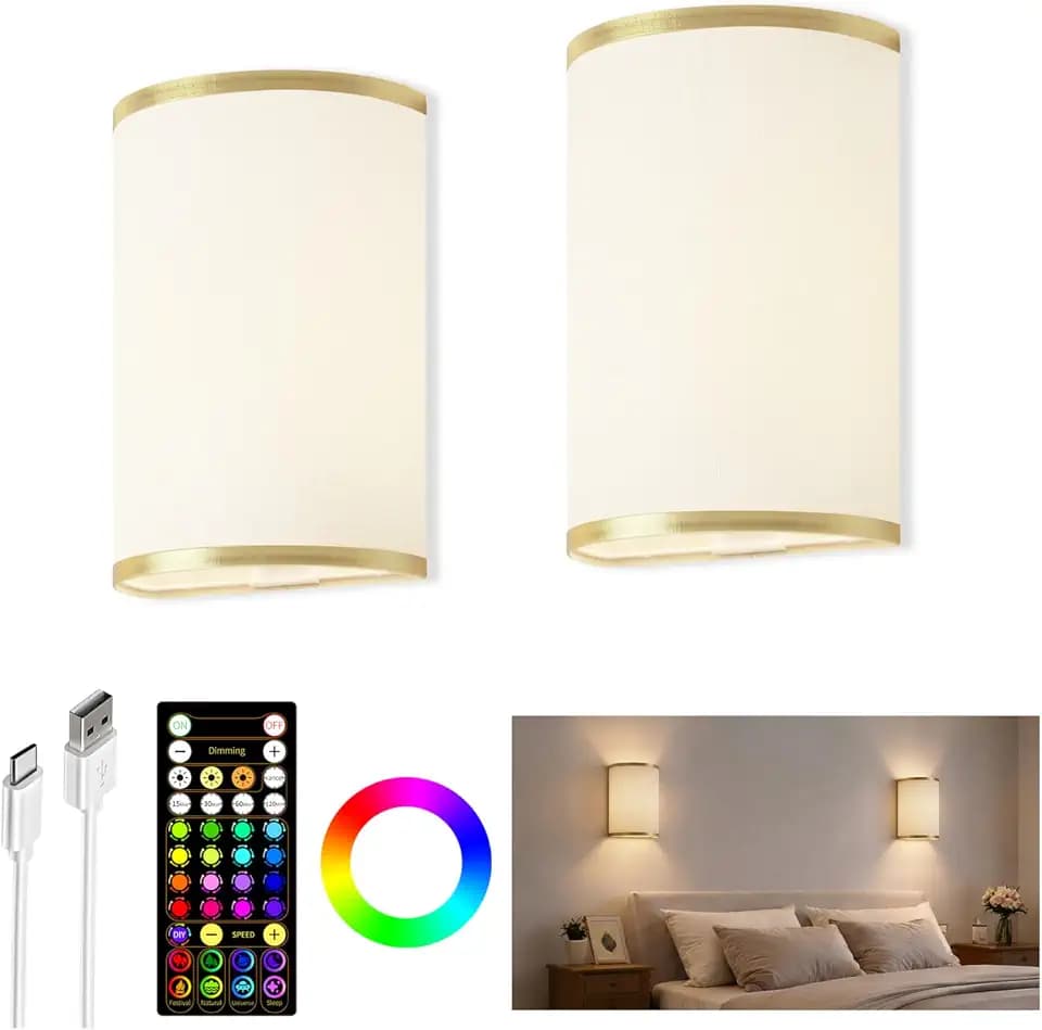 EZVALO Battery Operated Wall Sconce, Wireless Wall Sconces Set of Two with Remote, 3 Color & 80 RGB Rechargeable Wall Lights, Dimmable, Timer, Fabric Linen Shade Wall Decor for Bedroom (White)