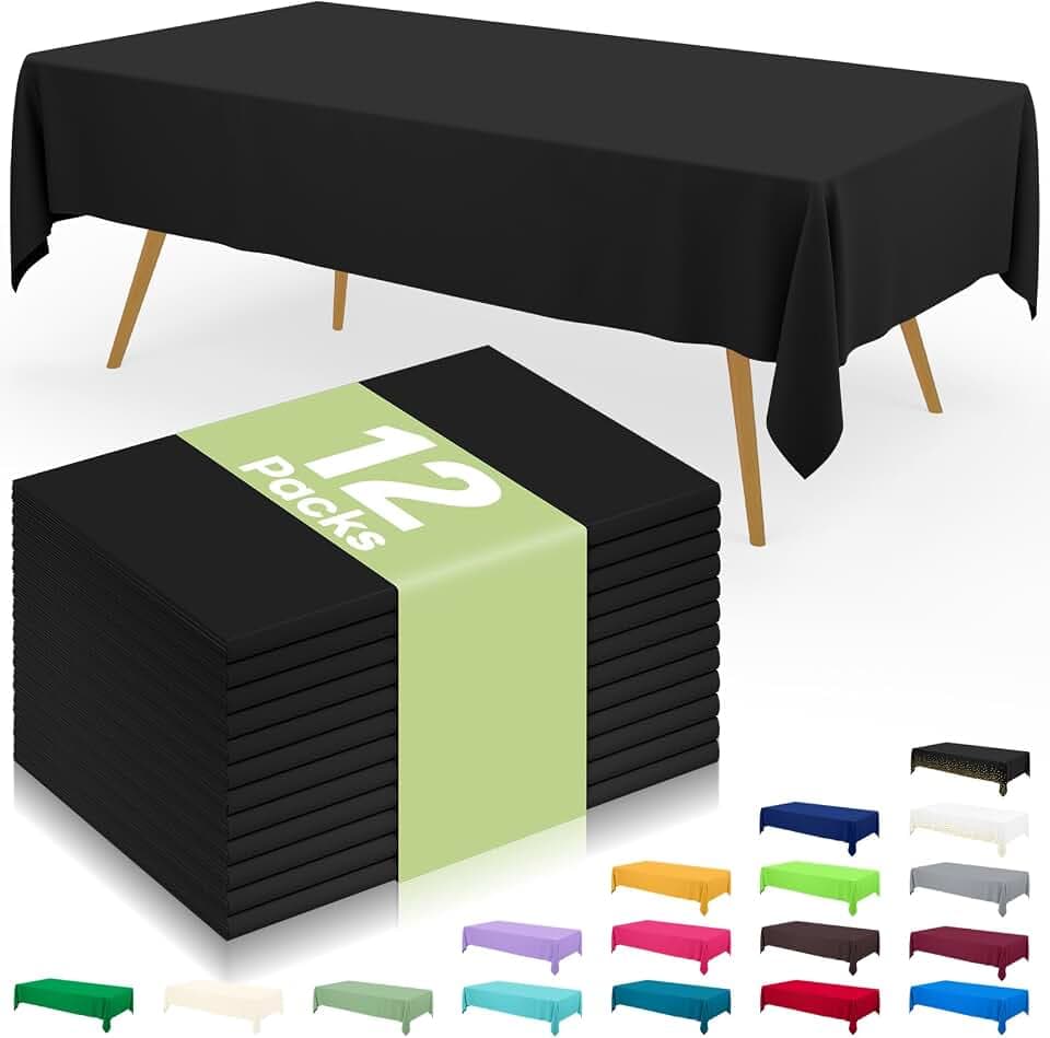 Smiry Disposable Table Cloth 12 Pack, 54 x 108 Inch Waterproof Plastic Tablecloth, Decorative Rectangle Table Covers for Party, Birthday, Picnic, Black