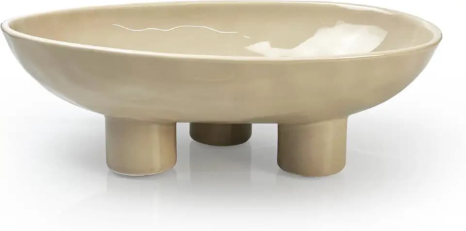 Three-Leg Ceramic Fruit Bowl, 10 Inch Oval Serving Dish for Kitchen Counter, Candy or Key Holder, Home Decor Accent Beige