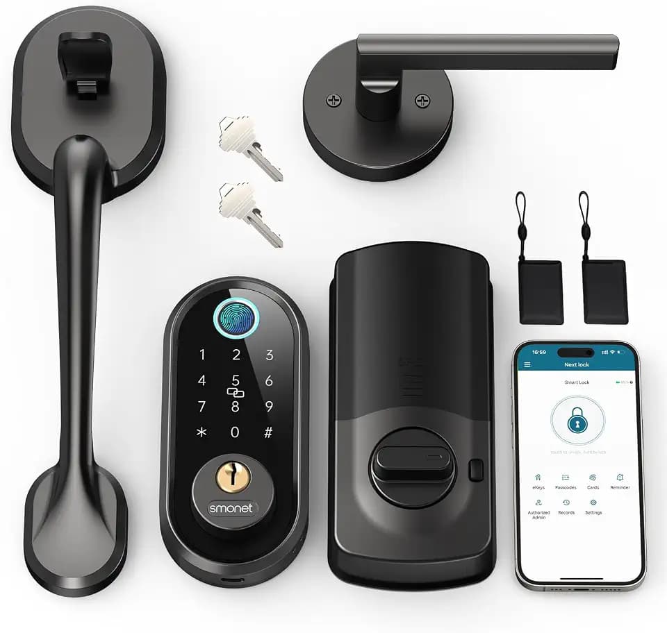 SMONET Front Door Lock Set with Handle, Smart Fingerprint Keyless Entry Door Lock, Deadbolt with App Control, Touchscreen Keypad for Home Airbnb Apartment