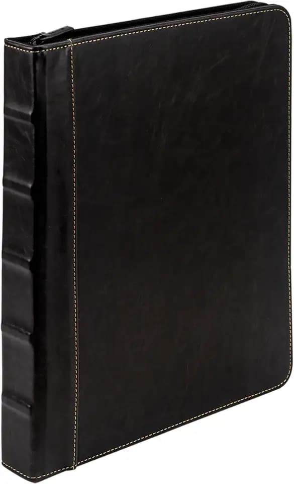Samsill Vintage Leather Binder, Zippered, 1 Inch Round Ring, Letter Size 8.5x11 Documents, Contrast Stitching, Professional Organizer Portfolio, Planner, Black