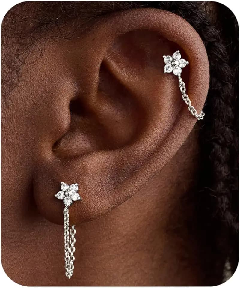 Helix Cartilage Piercing Jewelry Dangle Earrings Flatback Flower Stud Chain