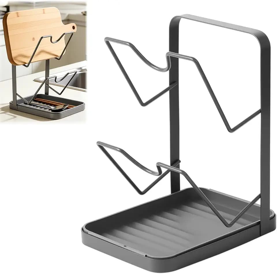 Kitchen Pot Lid Storage Rack, Pot Lid Organizer, Stainless Steel Pot Lid Holder while Cooking, Multifunctional Kitchen Pot Cover Organizer for Countertop (Black)