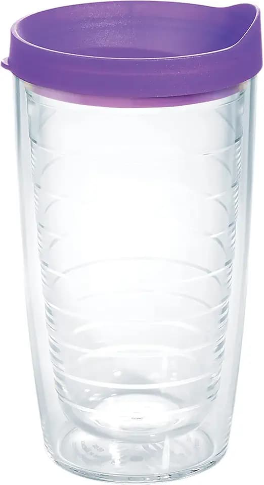 Tervis Clear & Colorful Lidded Made in USA Double Walled Insulated Tumbler Travel Cup Keeps Drinks Cold & Hot, 16oz, Purple Lid