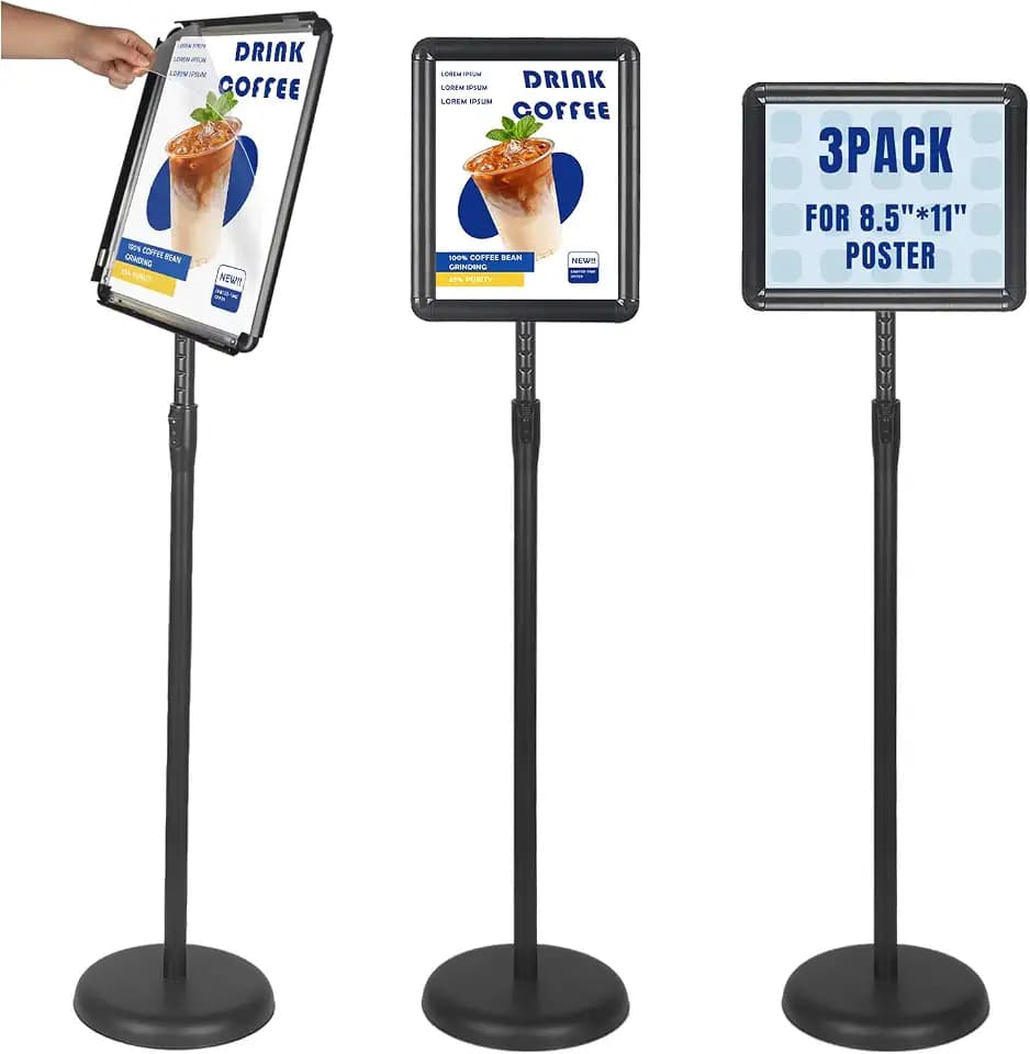HUAZI 3PACK Sign Stand Holder Floor Sign Holder with Base for 8.5x11 inches,Both Vertical & Horizontal View Displayed,Snap-Open Frame with Safety Corner for School Church,Black