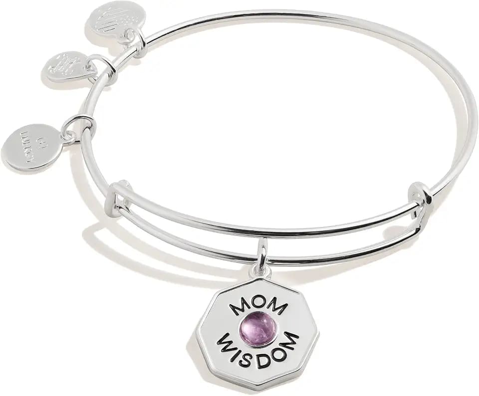 Alex and Ani Mother’s Day Expandable Wire Bangle Bracelet for Women, Mom/Wisdom Charm, Shiny Silver Finish, 2 to 3.5 in