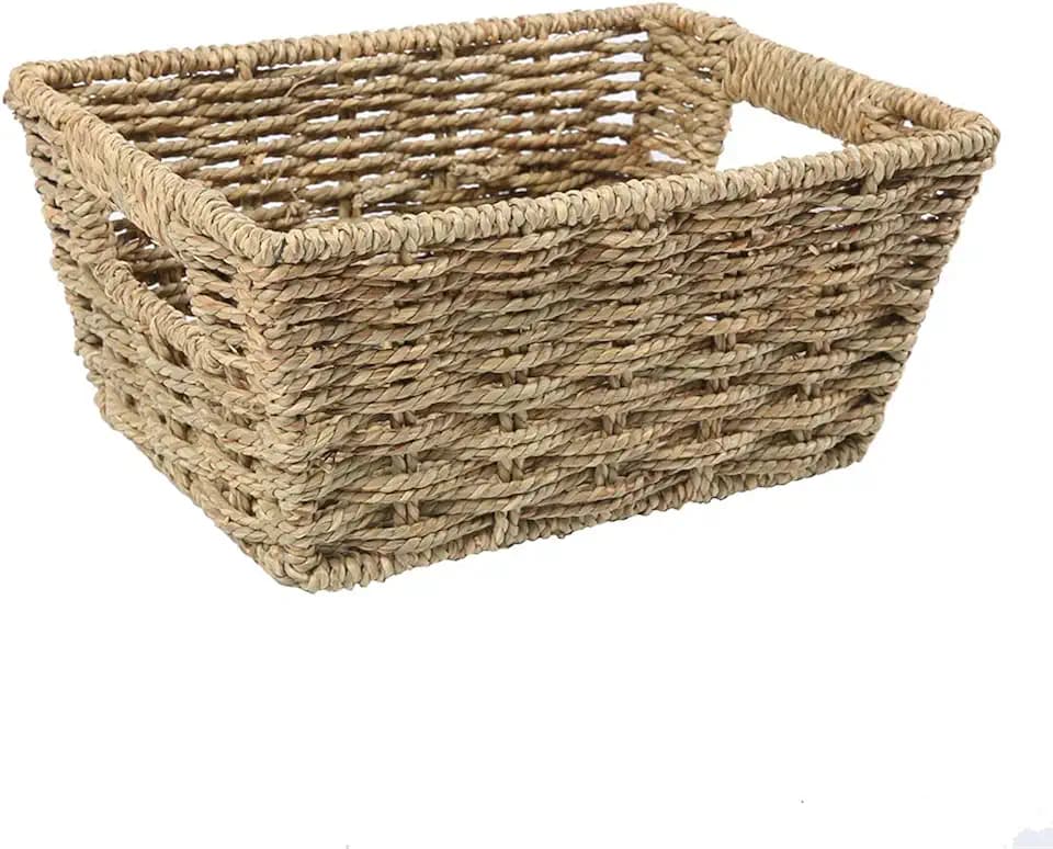 Small Woven Seagrass Storage Basket with Handles, Rectangular Wicker Bin