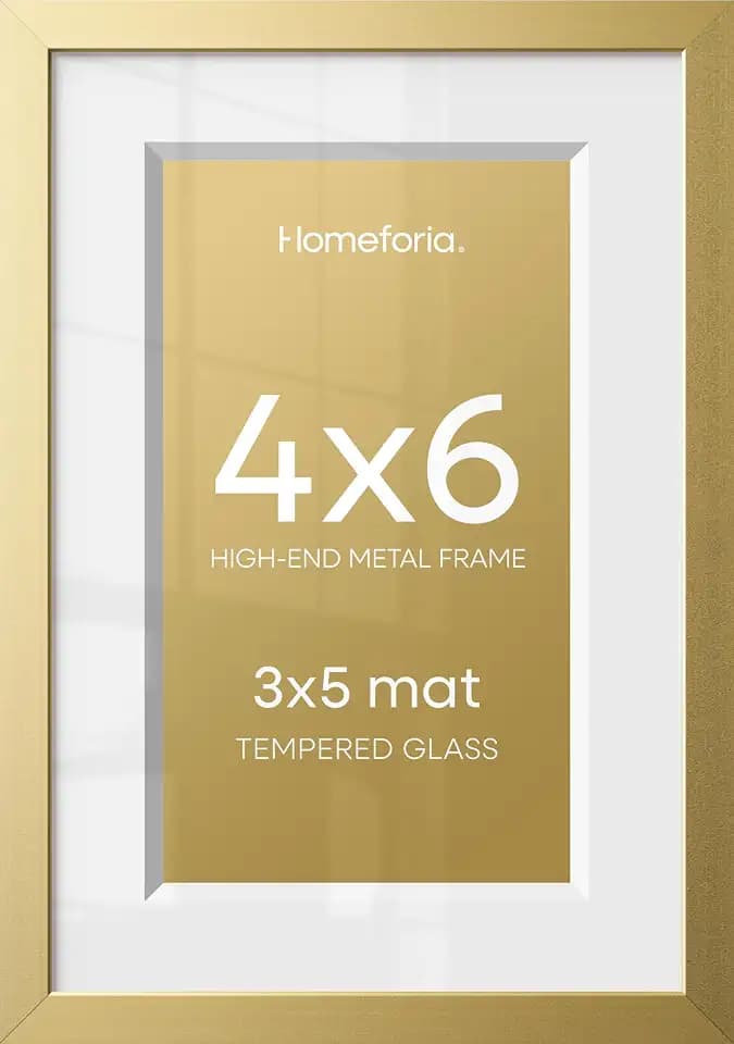 Homeforia 4x6 Gold Picture Frame, High-End Metal, 3x5 Mat, Glass