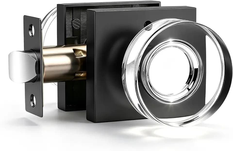 KNOBWELL Crystal Door Knobs with Lock, Glass Door Knob Interior, Privacy Transparent Door Knobset, Keyless for Interior Bath/Bed, Push Pin Button Inside Lock, Black, 1 Pack