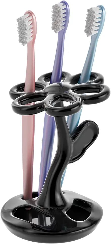 Flower Ceramic Tooth Brush Holders for Bathroom, Upgraded Large Slots Toothbrush Holder Organizer for Manual Brushes & Art Paintbrushes, Aesthetic Vanity Decor, Non-Tip Sturdy Base, 6 Slots (Black)