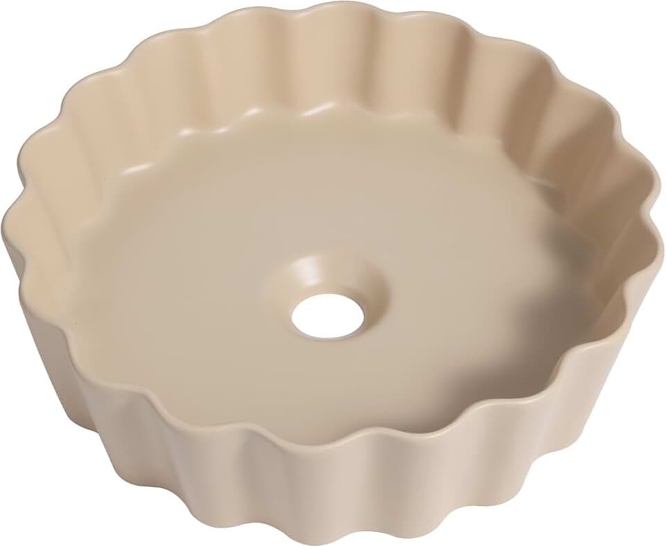 JONATHAN Y Atelier 15" Round Scalloped Vessel Sink, Matte Beige