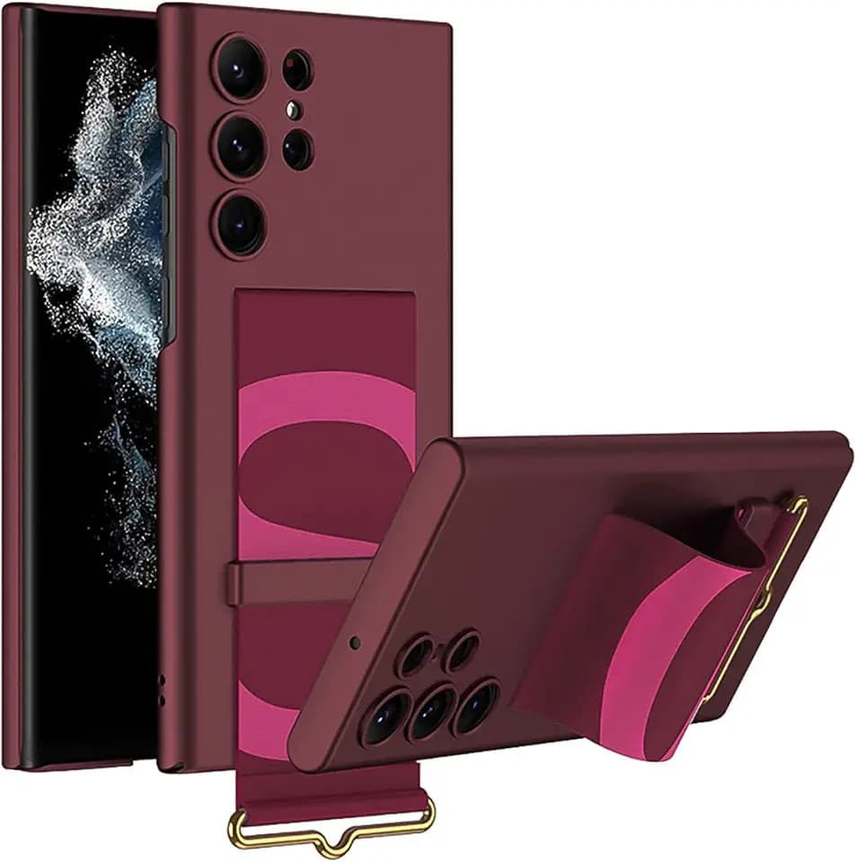 Hülle für Samsung Galaxy S23 Ultra mit Handschlaufe Ständer, Ultradünner Harter Stoßfester PC + Verstellbares PU Leder Armband Handyhülle für Samsung Galaxy S23 Ultra(Weinrot)