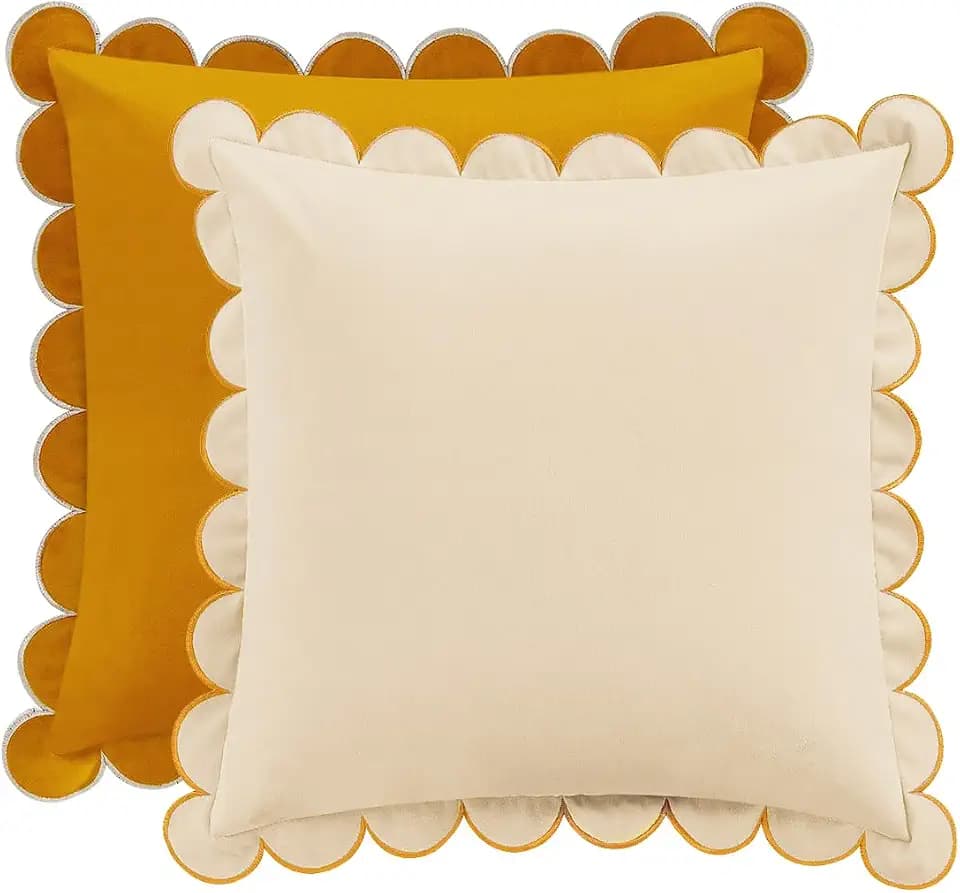 MONDAY MOOSE Decorative Throw Pillow Covers Cushion Cases, Set of 2 Soft Velvet Scalloped Round Edge Designs, Mix and Match for Home Decor, Pillow Inserts Not Included (20x20 inch, Honey/Cream)