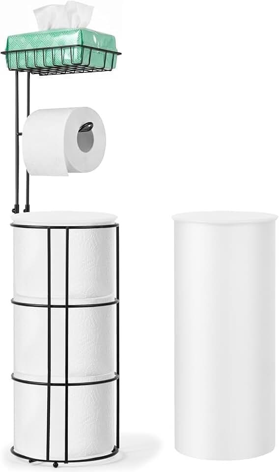 Toilet Paper Holder Stand and Tissue Paper Roll Dispenser with Basket for Bathroom Storage Holds Reserve, Black