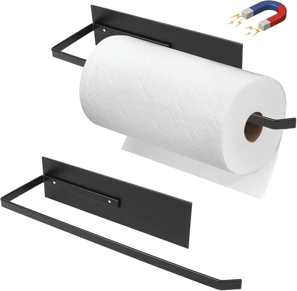 Paper Towel Holder Black, Toilet Paper Roll Holder Magnetic Towel Rack Wall Mount Fridge Organizer Shelf for Towels Rolls Bar Bathroom Toilet Pantry RV Essentials Kitchen Organizers and Storage 2 Pack