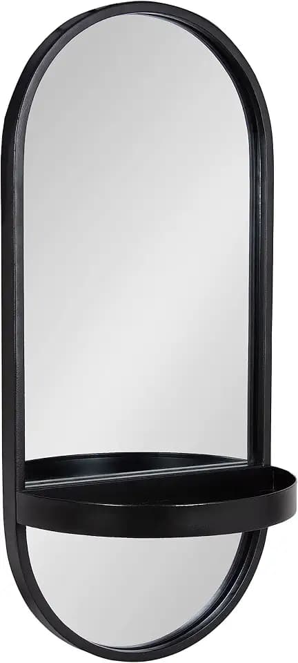 Kate and Laurel Estero Modern Metal Oval Mirror with Rounded Shelf; 11 x 25; Black; Decorative Contemporary Capsule Shelf Mirror for Storage and Display