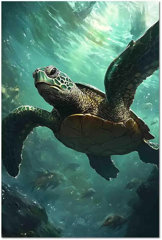 FOTRIC Green Sea Turtle Canvas Wall Decor Turtle Picture Prints Poster Bathroom Wall Decor Green Turtles on Sea Nautical Artwork for Living Room Bathroom Home Decor Canvas Roll 16x24 inch