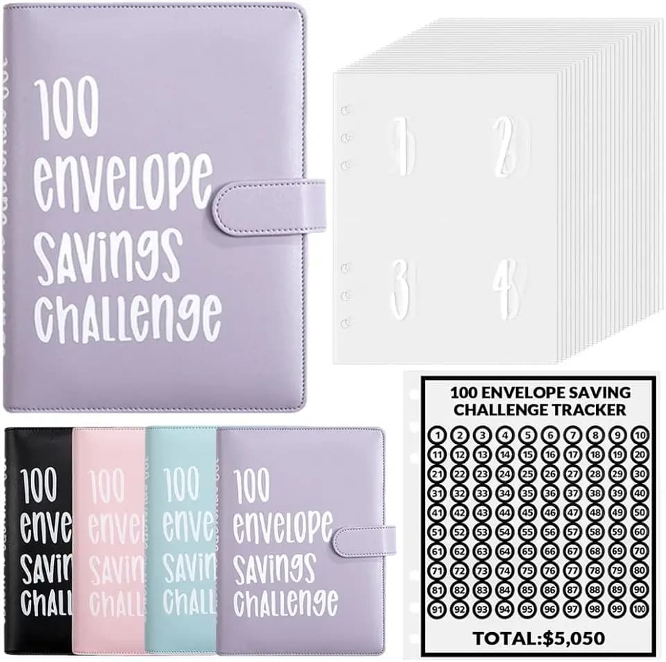 Luweoxy 100 Envelope Challenge Binder Money Saving Binder, Easy and Fun Way to Save $5,050, Cash Stuffing Binder Budget Planner Savings Challenge Book (Purple)