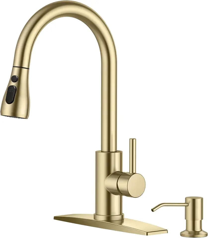 FORIOUS Gold Kitchen Faucet with Soap Dispenser, High Arc Single Handle