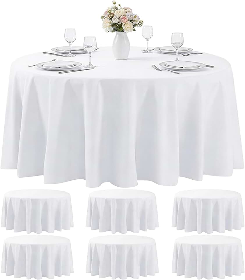 MRJ 6 Pack Round Tablecloth 120 Inch White Stain Resistant and Wrinkle Polyester Washable Table Clothes for Wedding Dining Birthday Events