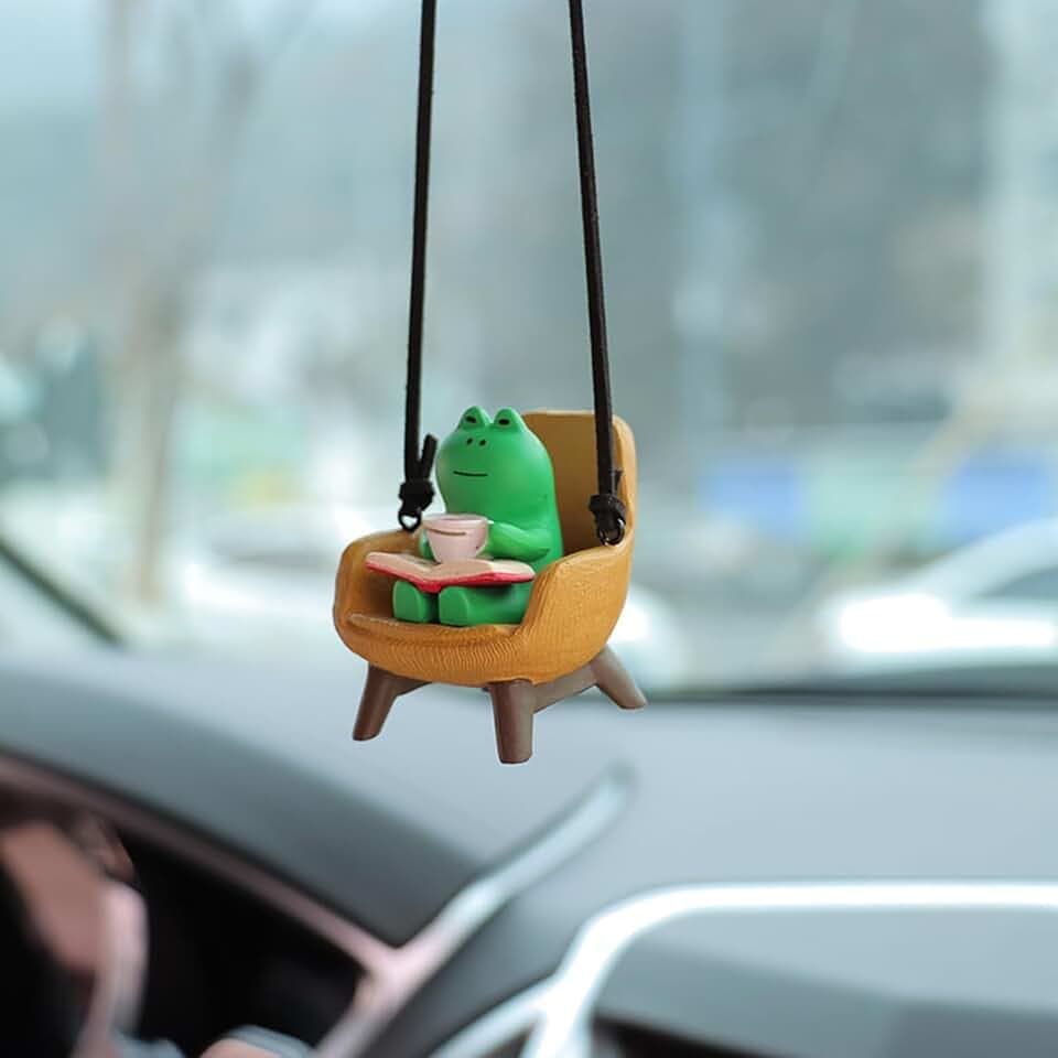 Frog Rear View Mirror Hanging Accessories Cute Frog Sitting Sofa Reading and Drinking Coffee Car Hanging Ornament Pendant Interior Rearview Mirror Decoration