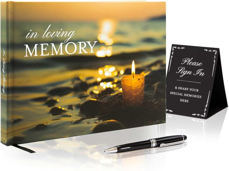 Candle Hardcover Funeral Guest Book - 9.5 x 7 Celebration of Life Guestbook for Memorial Service with 5x7 Paper Sign, Pen, Black Photo Corner Stickers