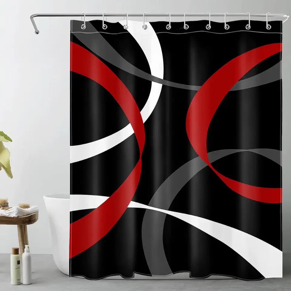 LB Abstract Geometric Shower Curtain for Bathroom,Red Grey and White Striped on Black Background Fabric Shower Curtain with Hooks,Modern Aesthetic Bathroom Curtains Shower Set,60x72 inches