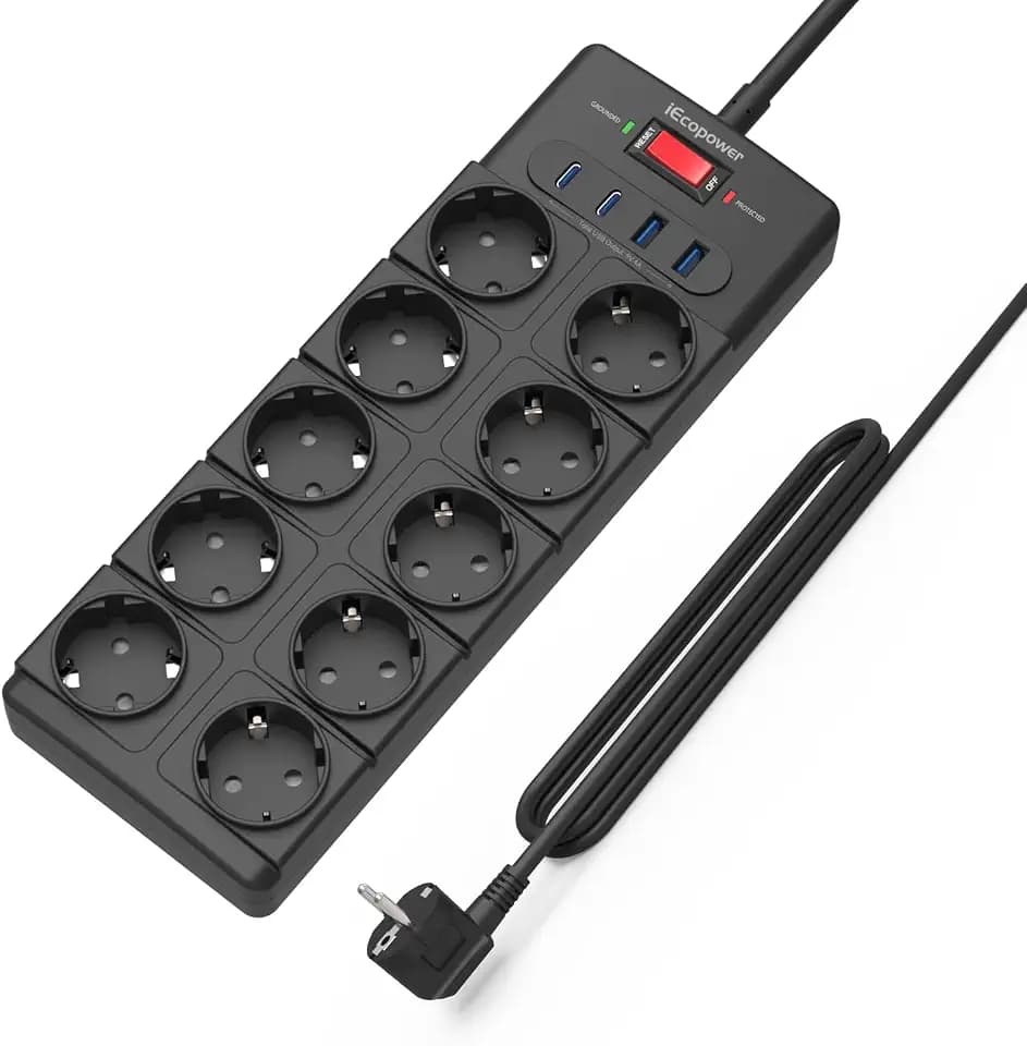 IECOPOWER mehrfachsteckdose 5m,10-Fach Steckdosenleistemit USB(PD 20W 2 USB-C Ports und 2 USB-A Ports),Steckdosenleiste überspannungsschutz,passend für iPhone/iPad,und weitereUSB Geräte,Schwarz.