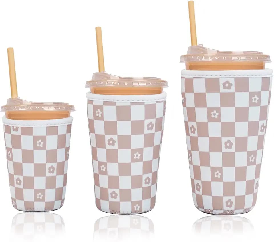 Reusable Insulated Neoprene Iced Coffee Cup Sleeve, Durable Drink Sleeve for Cold Beverages, Beverage Holder for Iced Coffee, Checkered Bloom