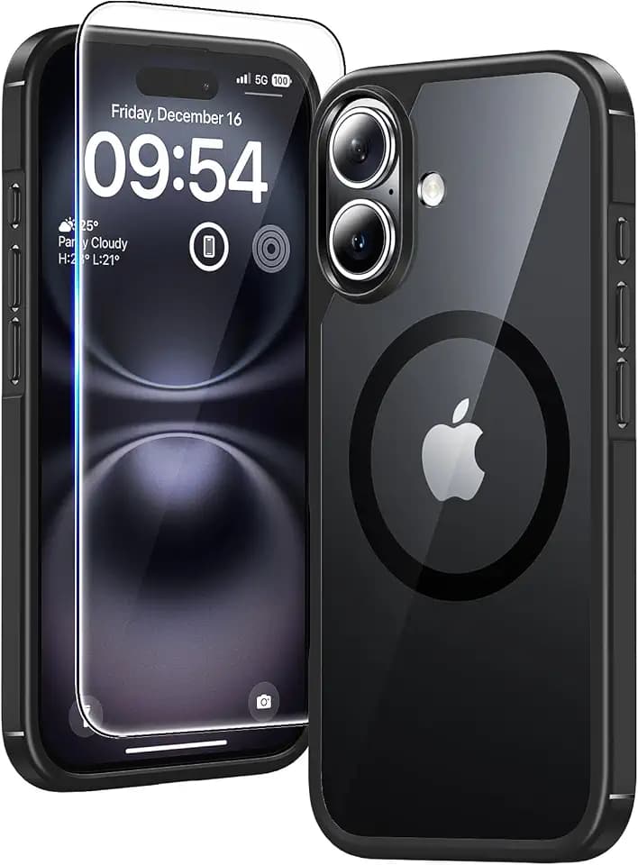 TAURI für iPhone 16 Hülle 6,1" mit Schutzfolie - Schwarz