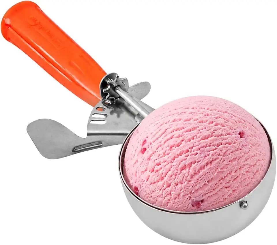 Restaurantware Met Lux 8 Ounce Portion Scoop 1 Durable Disher Scoop - Thumb Trigger Orange Stainless Steel Ice cream Disher For Portion Control For Ice Cream Mashed Potato And Cookie Batter