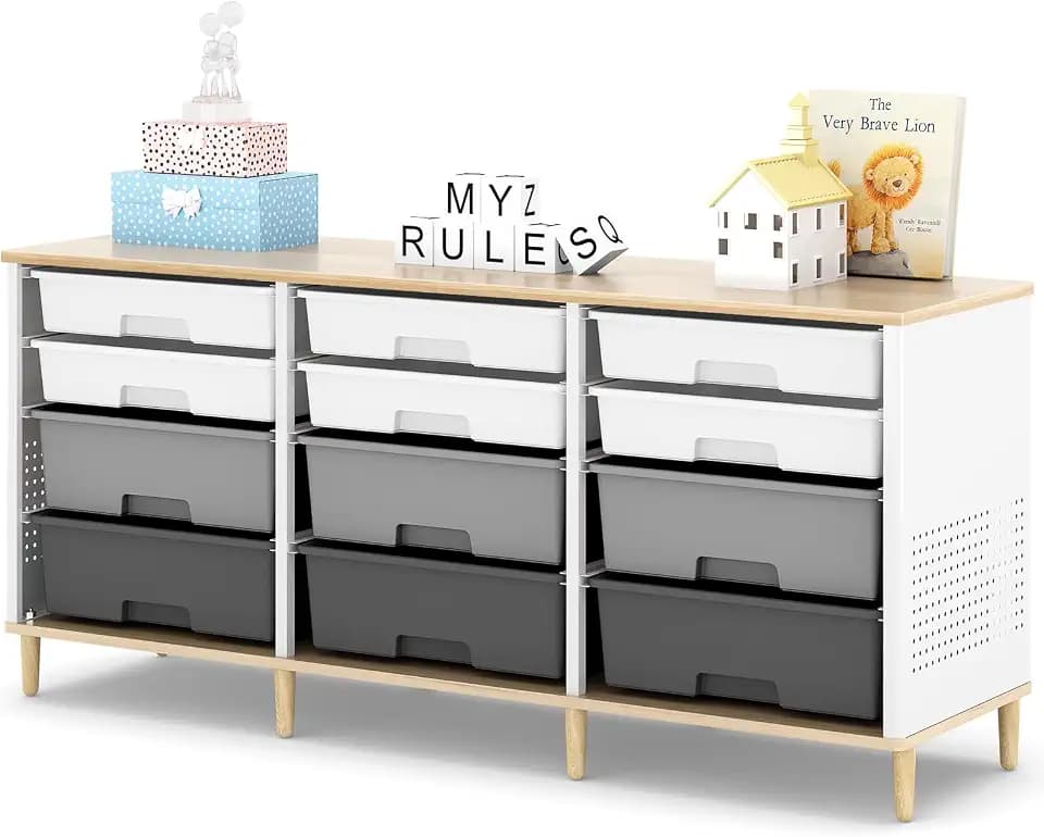 TOOLF 12 Drawers Storage Cabinet with Wooden Top and Plastic Bins, Grey