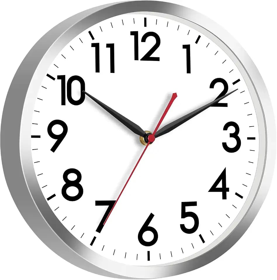 AKCISOT 12 Inch Wall Clock, Silent Battery Operated Analog Clock, Silver