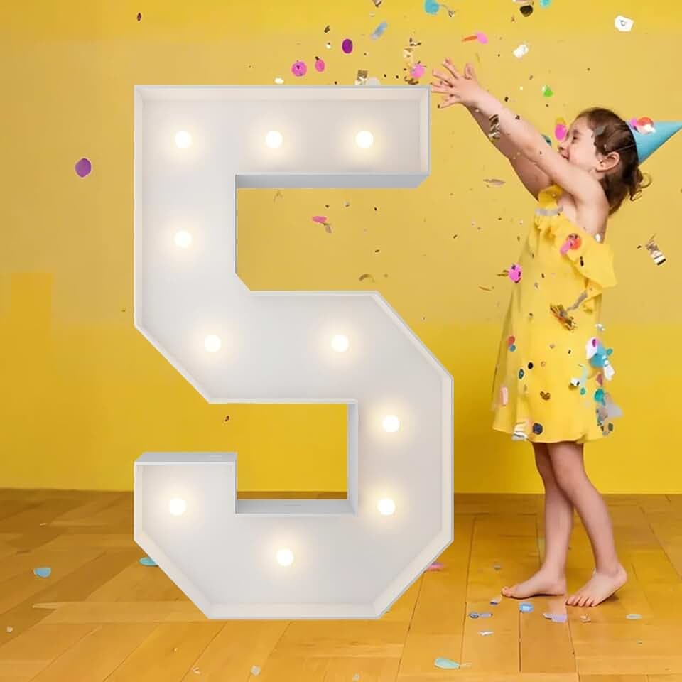 3FT Marquee Numbers, Warm White Light Up Number 5 with Display Board, Balloon Kit Decorations, DIY Pre-Cut Frames for Party, 5th Birthday, Anniversary Decor,15th, 35th,50th Milestones