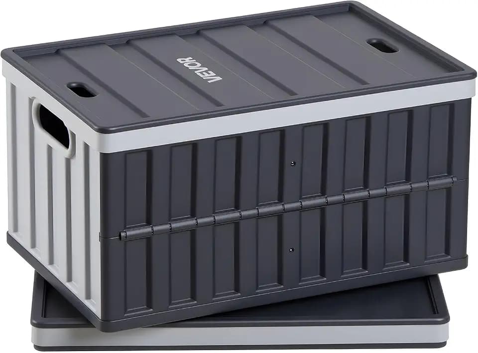 VEVOR Plastic Collapsible Storage Bins with Lids, 65L 2 Packs, Stackable Folding Storage Crates with Handles, Holds 84 lbs Per Bin, Heavy Duty Containers, Space-Saving Baskets, for Home Organizing
