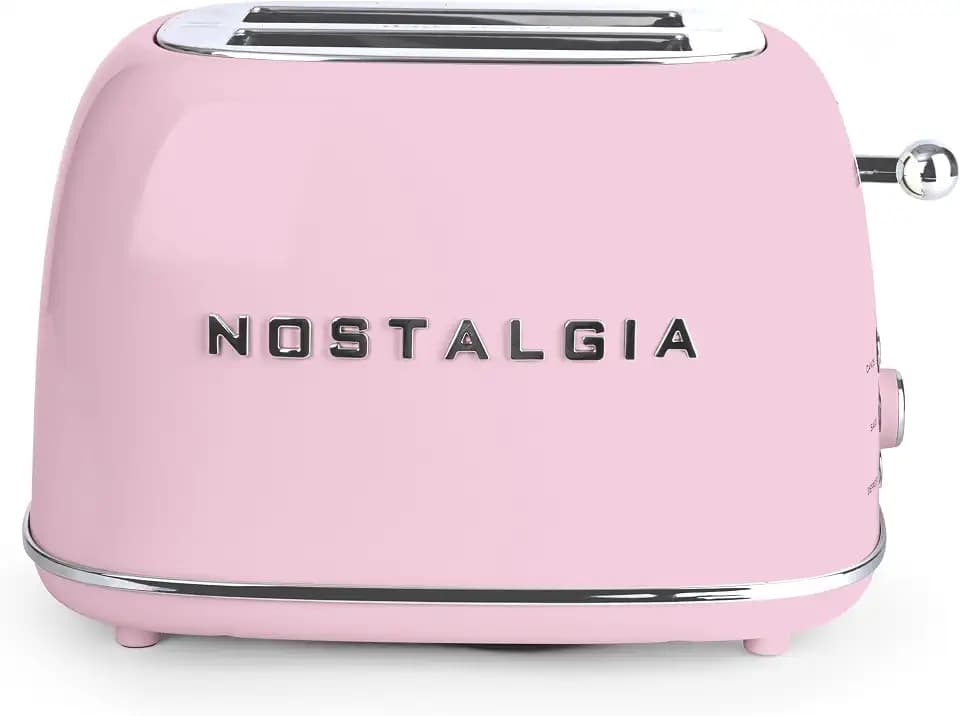 Nostalgia Classic Retro 2-Slice Toaster- Vintage Design- Enamel Coated Steel Body- Wide Slots for all Breads- Crumb Tray, Cord Storage- Defrost,Cancel and Bagel Function & 6 Toasting Levels- Pink