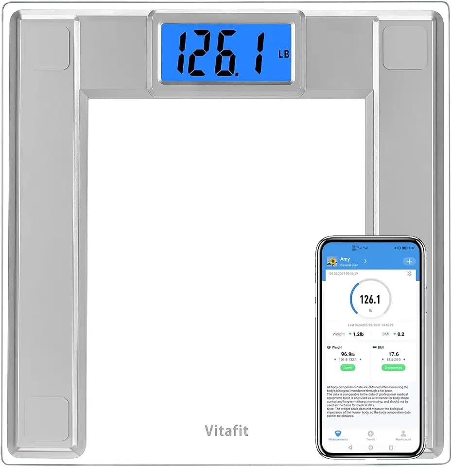 Vitafit 250kg Digitale Personenwaagen Waage mit Gewicht und BMI, Smarte Körperwaage mit Smartphone App Sync via Bluetooth, 8 mm Hartglas mit extra-breiter Plattform,Silber