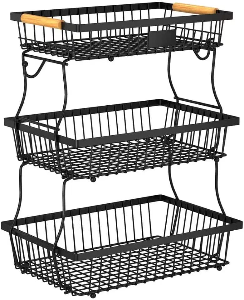 3 Tier Fruit Basket for Kitchen Counter with 2 Banana Hangers, Countertop Metal Fruit Bowl with Wooden Handle, Large Storage Stand for Vegetables, Snacks, Breads, Produce Storage – Black