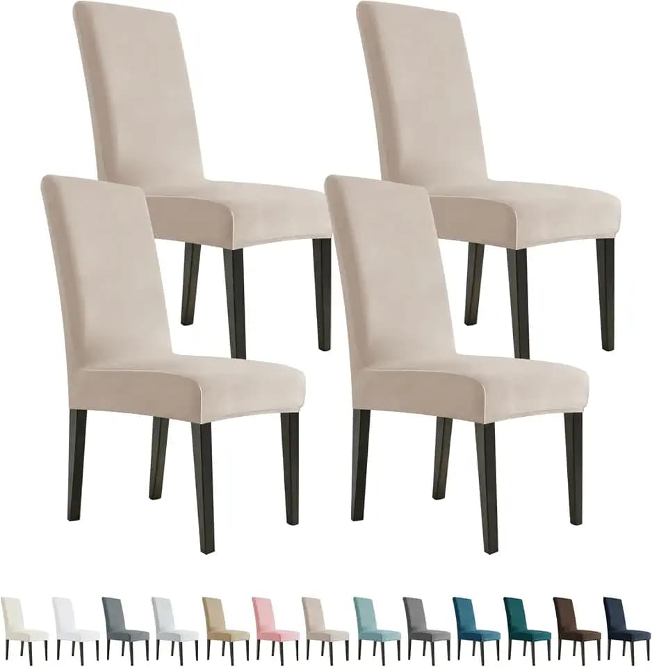 YEMYHOM Real Velvet Dining Chair Covers Set of 4, Stretch Parsons Chair Slipcovers, Super Soft Removable Washable Kitchen Chair Protector Cover for Dining Room, Restaurant, Banquet (Khaki)