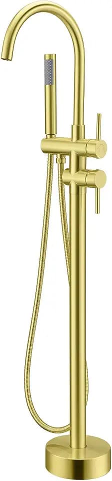 Freestanding Tub Filler Bathtub Faucet Brushed Gold Floor Mounted Brass Faucets with Handheld Shower