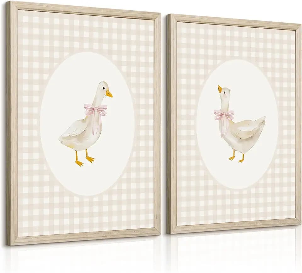 Nursery Goose Wall Art Girl Coquette Canvas Wall Decor Baby Room Wall Art Pink Bow Pictures Vintage Prints Duck Gingham Poster Girl Nursery Painting for Bedroom Living Room 16x24x2 Inch Wood Framed