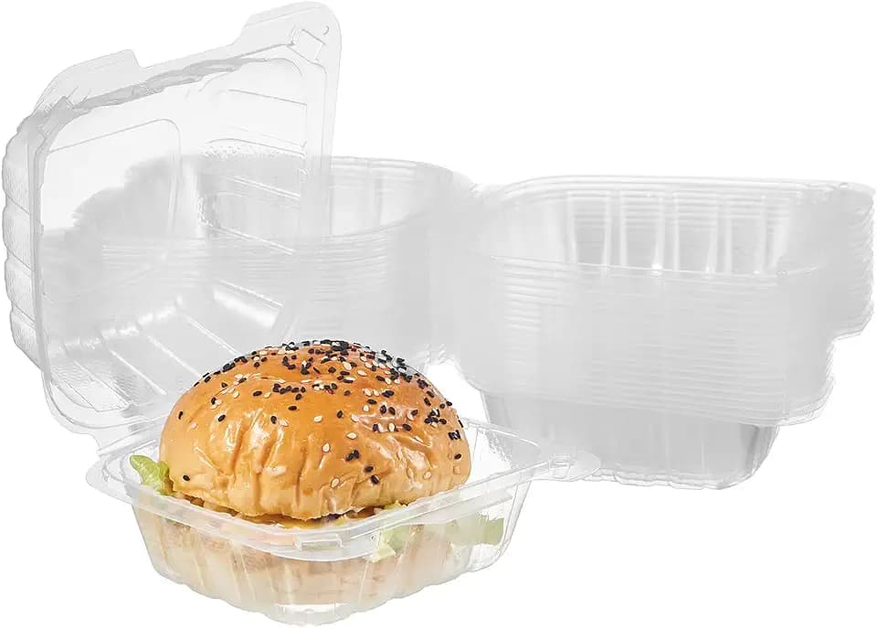 Jaluxing 100 Count Clear Plastic Hinged Food Take Out To-Go Clamshell Containers, 6" W Disposable Takeout Tray for Dessert, Cakes, Cookies, Salads, Pasta, Sandwiches (Formerly FULING)